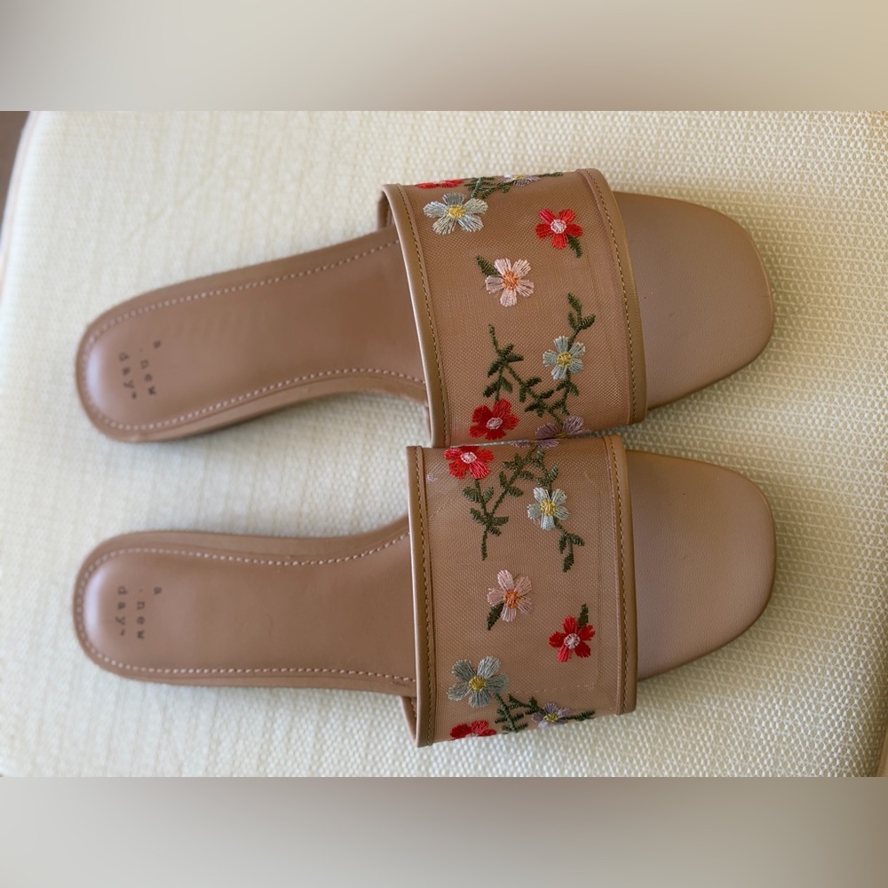 A New Day Tan Floral Embroidered Sandals